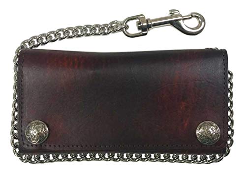 Biker Men's Buffalo Nickel Snap Antique Genuine Leather Chain Wallet, Made in US