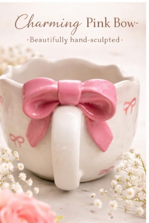 Image of Cute 3D Bow Ceramic Mug Handmade & Handpainted | Pink Ribbon Coffee Cup | Microwave Safe Tea Mug | 300 ml | Aesthetic Gift for Girls, Women, Birthday & Valentine