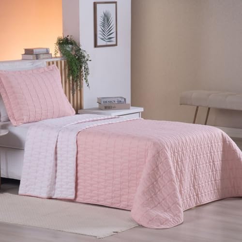 Cobre Leito Colcha Solteiro 02 Peças Dupla Face Hipercal 200 Fios Bordado Cristal (Rosa)