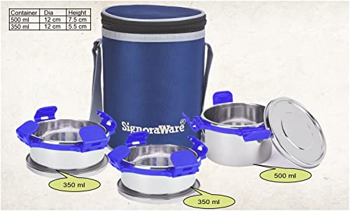 Image of Signoraware All Executive Stainless Steel Big Lunch Box with Bag | Airtight & Leakproof | Lightweght | Ideal for Picnic & Outdoors | Preserve Freshness | Compact Design (500ml + 350mlx2 | Violet)