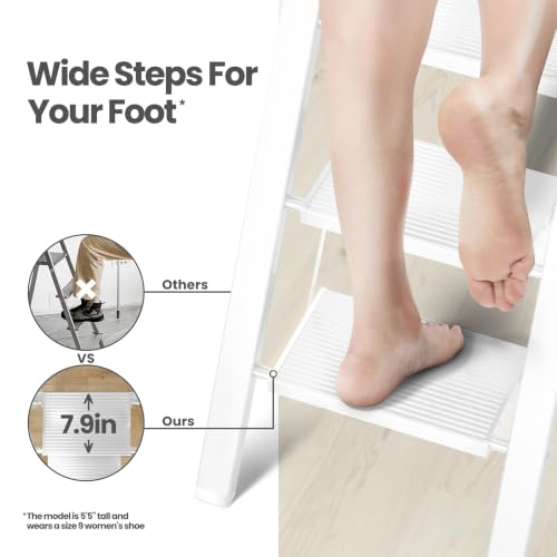 Image of SOLADDER 6 Step Ladder, Folding Step Stool with Handgrip and Anti-Slip Wide Pedal, Portable Lightweight Aluminum Stepladder for Kitchen, Home, Library, Office (300 lbs Capacity) - White