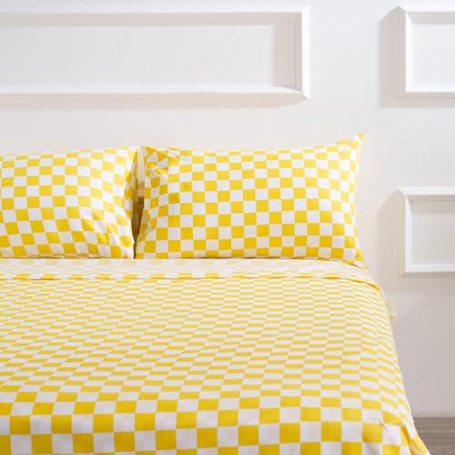 Image of Best Season Bed Sheet Set 4 Piece -Full Size-Soft Durable Microfiber Bedding Sheet Set,Deep Pocket,Stain,Fade & Wrinkle Resistant Green and White Checkerboard Grid(Plaid Yellow&White)