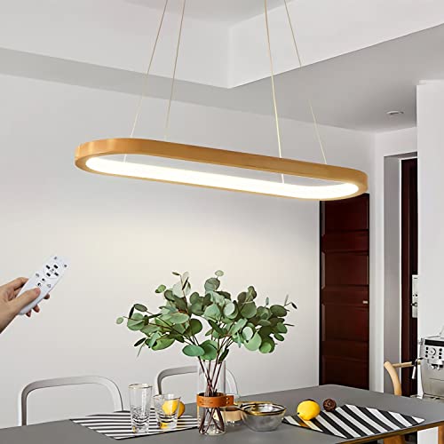 LED Dimmbar Hängeleuchte Esstisch Holz Pendelleuchte mit Fernbedienung Esszimmerlampe Modern esszimmer Lampe höhenverstellbar Pendellampe für Wohnzimmer Küche Arbeitszimmer Holzlampe (L70cm/32W)