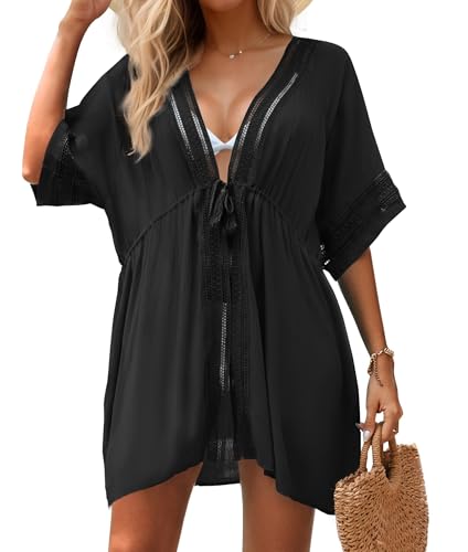 Women Swimsuit Cover Up 3/4 Bell Sleeve Boho Bathing Suit Coverups Hollow Out Kimonos Cardigans for Swimwear