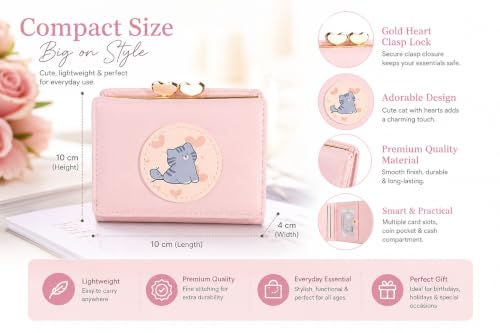 Image of Valerie Cute Small Wallets Clutch for Teen Girl Women PU Leather Trifold Small Wallet Cash Pocket 3D Buckle Card Holder Coin Purse with ID Window for Girls Women (Pink Cat)