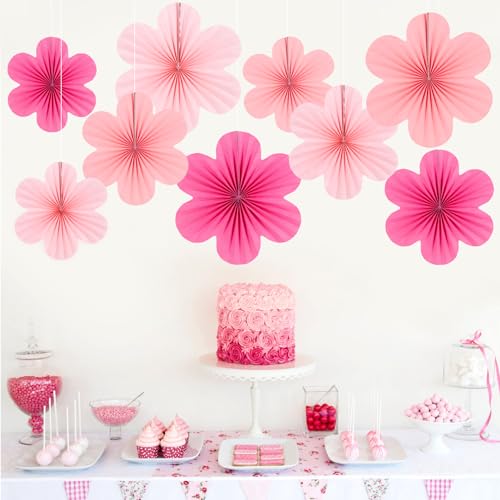 Image of Easy Joy Hot Pink Paper Flowers Decorations for Wall Pink Paper Fans Classroom Decoration Paper Floral Backdrop Decor Paper Fans Decoration Hanging Paper Fans Pink Flower Wall Decor, Set of 9