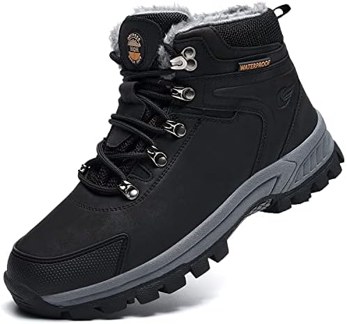 Jinta Shoes Mens Womens Winter Snow Boots Hiking Climping Booties Warm Waterproof Fur Lined Non Slip Leather Ankle (Black US Women 8.5 B(M) Men 7 D(M)