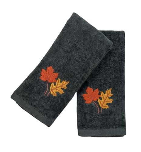 Serafina Home Harvest Fall Tip Towels: Plush Dark Grey Gray Cotton Towels With Autumn Leaf Design Set Of 2 thumb #2