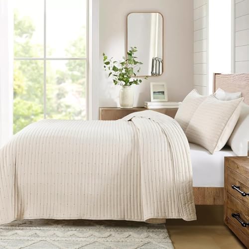 HIARUO Quilt Set King Size, 3 Pieces Bedspread Coverlet Comforter Set Lightweight Thin Bedding Blanket with 2 Pillow Covers Shams Modern Full Cover for All Season, Beige Star Pattern by HIARUO - Used condition - Image 4