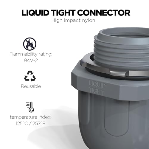 Image of Conduit Connectors, 1 /2 Inch, Straight, Grey, 300-Pack | Liquid Tight Connector, NPT, Non-Metallic, for PVC Electrical Flexible Conduit Fittings, 180 Degree, UL Listed