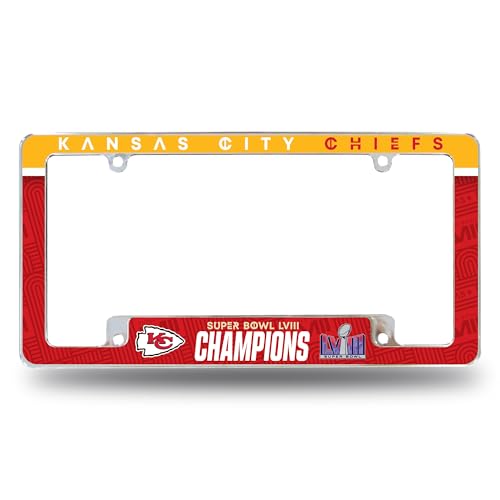 Rico Industries NFL Football Kansas City Chiefs 2024 Super Bowl LVIII Champions 12" x 6" Chrome All Over Automotive License Plate Frame for Car/Truck/SUV