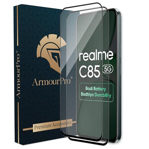 Image of ArmourPro Tempered Glass for Realme C85-9H Anti Scratch Screen Protector, Edge to Edge Coverage, HD Clarity, Smooth Touch, Case Friendly | Black, Pack of 2