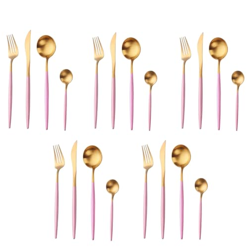 Image of aDai Premium Gold SUS304 Stainless Steel Cutlery Set - 10 Spoons, 5 Fork, 5 Steak Knife - Mirror Finish Dinnerware Flatware (Pink - Set of 20)