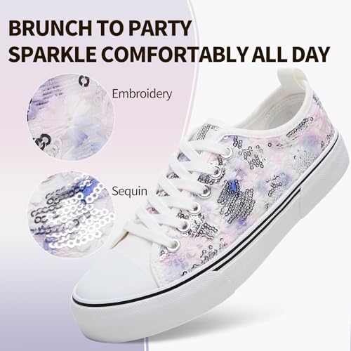 kufeiti Women's White Tennis Shoes Embroidered Sequins Low Top Canvas Shoes Comfortable Casual Fashion Sneakers3