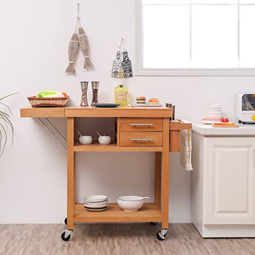 Erommy Rolling Bamboo Wood Kitchen Island Cart, Multi-Purpose Kitchen Trolley Cart On Wheels, Kitchen Cart With Drawers, Folding Wooden Countertop, Open Storage Shelves, Towel Rack, Locking Casters #TOP1
