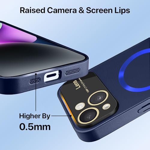 Image of Vaku Luxos Premium Polarized Leather Back Cover for iPhone 14 Texture Full Lens Protection Silicon Case Scratch Resistant Slim Thin Compatible with Mag-Safe - Blue
