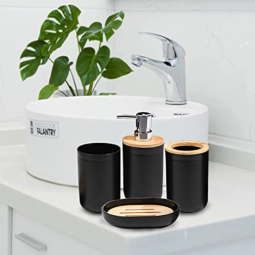 Cerbior Bamboo Bathroom Accessory Set, 6 Pieces Bath Set- Soap Dish Toothbrush Holder Rinse Cup Lotion Bottle Trash Can Toilet Brush - Practical Toilet Kit For Home Washing Room，Black #TOP5