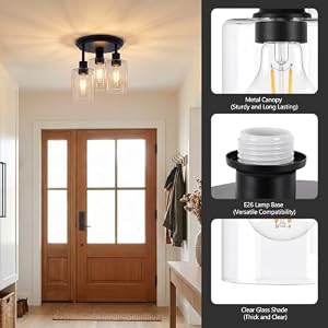 ROTTOGOON Semi Flush Mount Ceiling Light, Close to Ceiling Lights Fixtures, 3 Light Kitchen Ceiling Lights Fixtures with Glass Shades, Hallway Light Fixtures Ceiling Mount for Foyer, 9.9" x 13", Black — photo 5 of 6