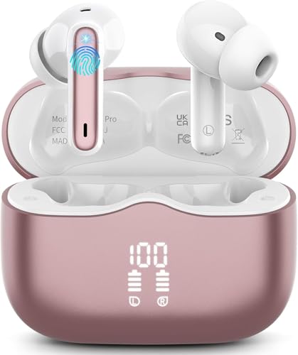 Wireless Earbuds, Bluetooth 5.3 Headphones in Ear with 4 ENC Noise Cancelling Mic, 40H Playtime Wireless Earphones HiFi Stereo Deep Bass, LED Display Bluetooth Earbuds, IP7 Waterproof, USB-C, Rosa