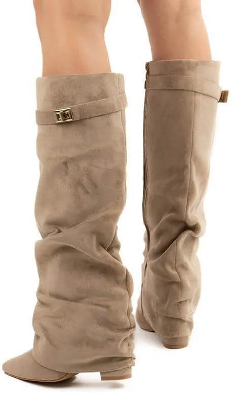 Women Metal Buckle Knee High Boots Pointed Toe Solid Heel Long Fashion Elegant Shoes