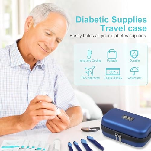 Image of suzamed Diabetic Medicine Organizer with Temperature Display, Large Insulin Storage Case with 2 Reusable Cooling Ice Packs for Travel & Daily Use (Blue with Temperature)