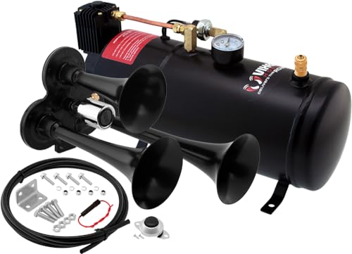 Vixen Horns Train Horn Kit for Trucks/Car/Semi. Complete Onboard System- 150psi Air Compressor, 1 Gallon Tank, 3 Trumpets. Super Loud dB. Fits Vehicles like Pickup/Jeep/RV/SUV 12v VXO8210/3311B