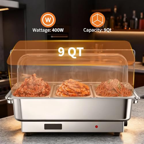 GarveeHome Electric Chafing Dish Buffet Set, 3 × 3 QT Roll Top Food Warmer with Transparent PC Lid, 400W Temperature Control 86-200°F, Stainless Steel Chafer for Catering Parties(2 Packs) by GarveeHome - Image 4