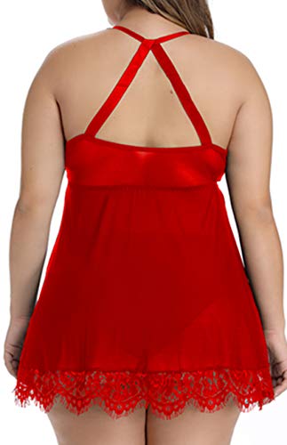 FlatterMe Plus Size Lingerie Babydoll Lace Floral Halter Sleepwear Set High Neck Chemise