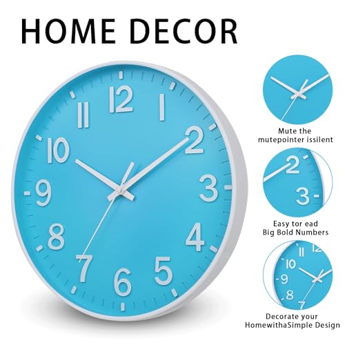 Image of HZDHCLH Wall Clocks Battery Operated,Wall Clock Blue and White 8 inch Wall Clock Silent Non Ticking Modern 3D Numbers for Office Kitchen Classroom Bedroom Living Room Decor