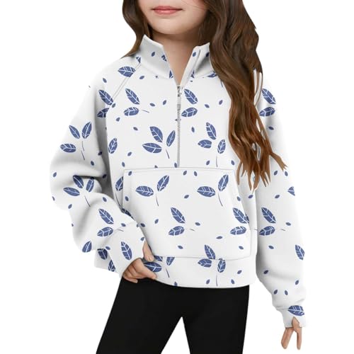 Girls Floral Print Stand Collar Sweatshirt Half Zip Tee Tops Loose Long Sleeve Pullover Casual T-Shirts for Kids 5-14 Years
