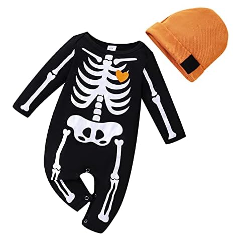 KONFA Toddler Newborn Baby Boys Girls Skeleton Romper with Hat,for 0-24 Months,Kids Halloween Jumpsuit Costumes Set (Black, 0-6 Months) Cover