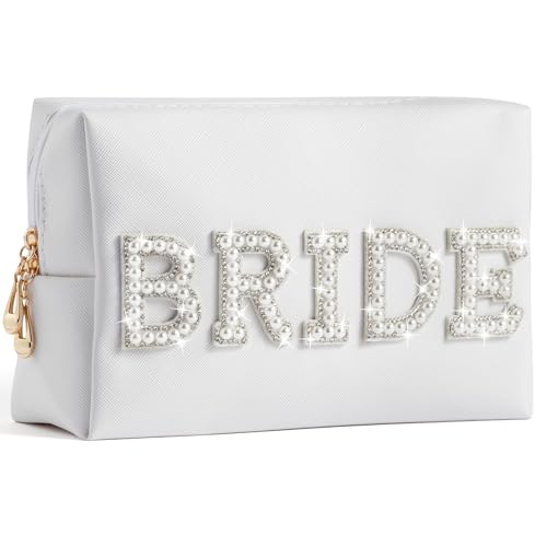 Bride Patch Cosmetic Bag - Wedding Toiletry Makeup Bag Bridal Engagement Shower Gift Pearl Rhinestone Letter Patch Bride Bridesmaid Travel Portable PU Leather Large Makeup Pouch