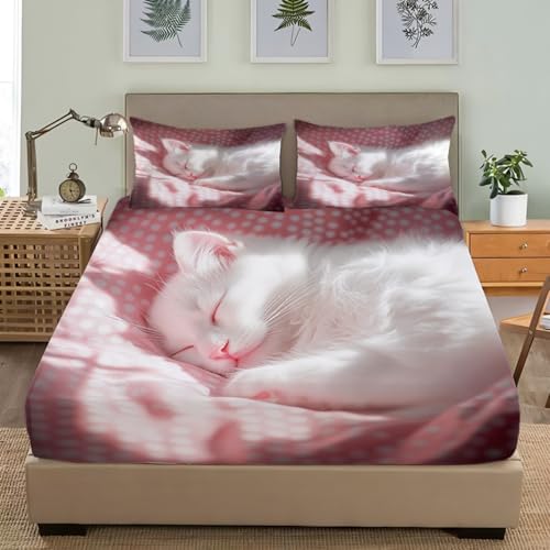 Motif de Chat Mignon Respirant Drap Housse 90x190 cm Rose Drap-Housse en Microfibre, Drap Plat 1 Personnes, Parure de Lit avec 2 Taie d'oreillers pour Matelas Épais