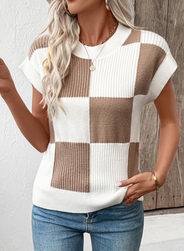 EVALESS Short Sleeve Sweater for Women Crewneck Color Block Knit Tops 2025 Fall Trendy Cap Sleeve Sweater Vest2