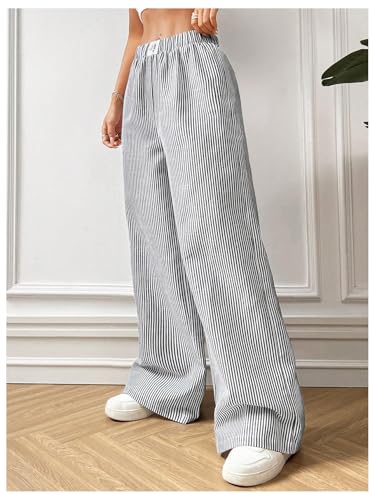 WDIRARA Women's Striped Print Elastic Waist Pants Wide Leg Loose Fit Casual Trousers4