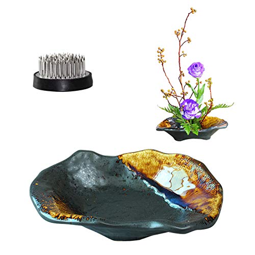 WANDIC Flower Arranging Pot, Irregular Ceramic Kenzan Flower Pot with 4.6cm Flower Pin Frog Black Flower Vase with Glaze in Random Color for Ikebana Flower Arranging Art