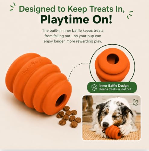 Image of Green Sheep Enrichment Dog Ball for Medium to Large Dogs, Natural Rubber Treat Dispensing Chew Toy for Mental Stimulation & Boredom Relief, Interactive Dog Toys, Orange