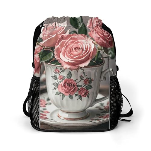Sac à dos de sport imprimé tasses à thé shabby chic motif floral romantique de 45.5 cm