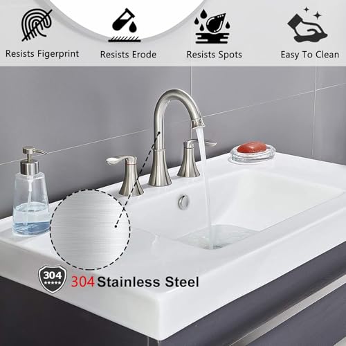 Friho Brushed Nickel Bathroom Faucet 3 Hole, Widespread 8 Inch 2 Handle Vanity Sink Faucet Set with Swivel Spout, Pop Up Drain and Water Supply Hoses by Friho - Image 4