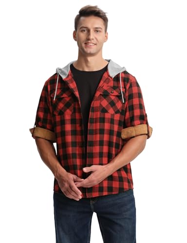 Rdruko Men's Plaid Hoodie Flannel Shirt Jacket Long Sleeve Fashion Casual Hooded Button Down Shirts2