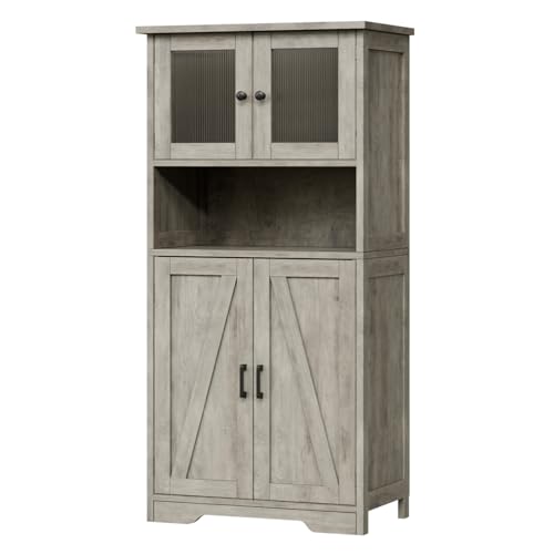 Zstar 50.4' Gabinete De Almacenamiento Grande De MDF con 4 Puertas y 1 Compartimento Abierto, 2 Puertas De Vidrio, Estantes Ajustables para Cocina, Dormitorio, Sala o Pasillos, Gris.