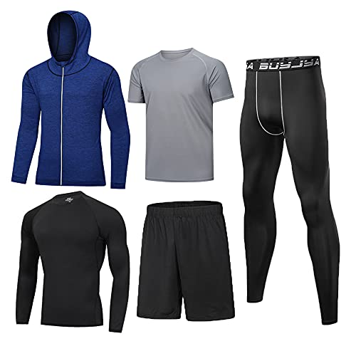 Image of BUYJYA 5Pcs Men's Compression Pants Shirt Top Long Sleeve Jacket Athletic Sets Gym Clothing Mens Workout Valentine's Day gift