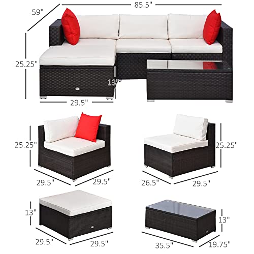Outsunny 5-Piece Outdoor Sectional Furniture, Patio Sofa Set, 3-Seat Pe Wicker Couch With 2 Corners, Stand Alone, Cushions, Pillows, Ottoman Footrest, Tempered Glass Coffee Table, Cream White #TOP2