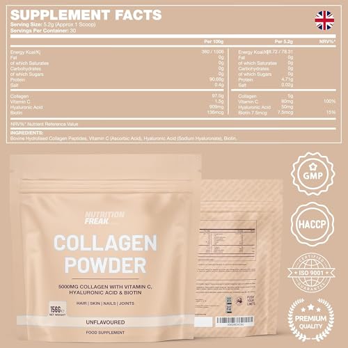 Nutrition Freak Collagen Glow - Collagen Peptides Powder with Glow Up Blend (Hyaluronic Acid, Vitamin C & Biotin), 5000mg Hydrolysed Bovine Collagen per Serving, Unflavoured, 30 Servings |156g