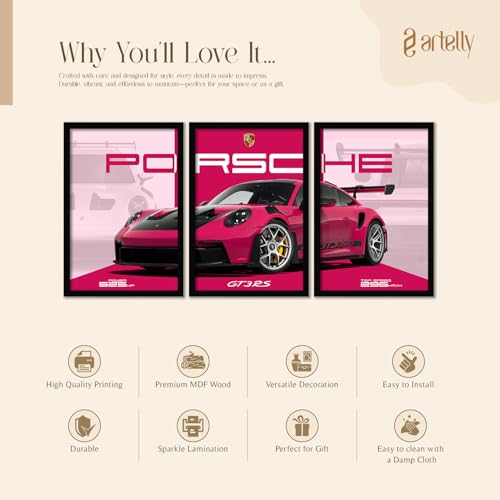 Image of ARTELLY Big Porsche 911 GT3rs Sports Car Framed Wall Posters, Set of 3, Premium Framed Painting, Living Room Bedroom Decoration, Large Size Gift Item for Boys Room Decor (Porsche 3, 13x19 inch)