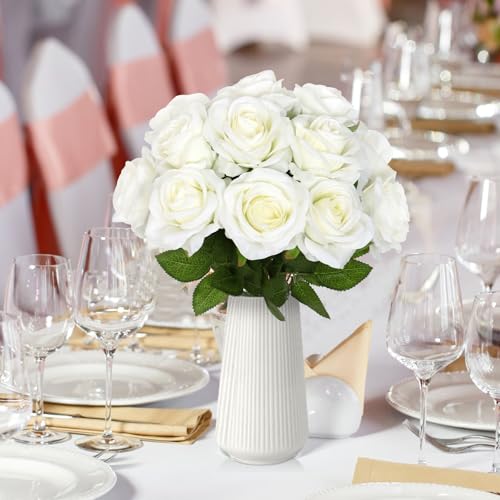 Dremisland 12PCS Artificial Rose Flowers 19" Tall Artificial Silk Flowers Realistic Roses Bouquet Long Stem Fake Silk Rose for Home Wedding Party Table Decor(Ivory White) image 7