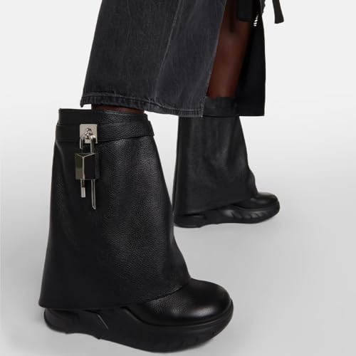 Women's Padlock Ankle Boots Fold Over Wedge Boots Platform Round Toe Mid Calf Biker Boot Fashion Comfort Booties4