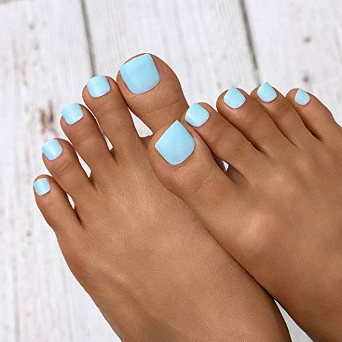 Wodega Glossy Press on Toenails Blue Fake Toe Nails Acrylic False Toenail Art Tips Set for Women and Girls (24Pcs)