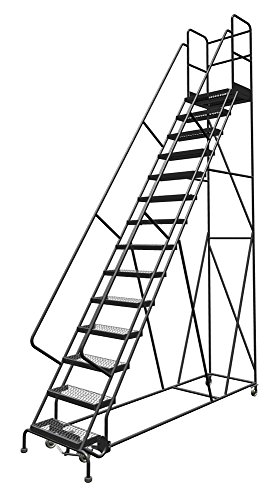 Image of Tri-Arc KDSR114242-D3 14-Step 30 inch Deep Top Steel Rolling Industrial & Warehouse Ladder with Handrails, 24 inch Wide Grip Strut Tread