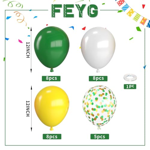 Image of Green and Yellow Balloons,12 Inch Dark Green Yellow and White Confetti Balloons with Ribbon,for Birthday Baby Shower Football Golf Sport Theme Party Decorations (Pack of 3)